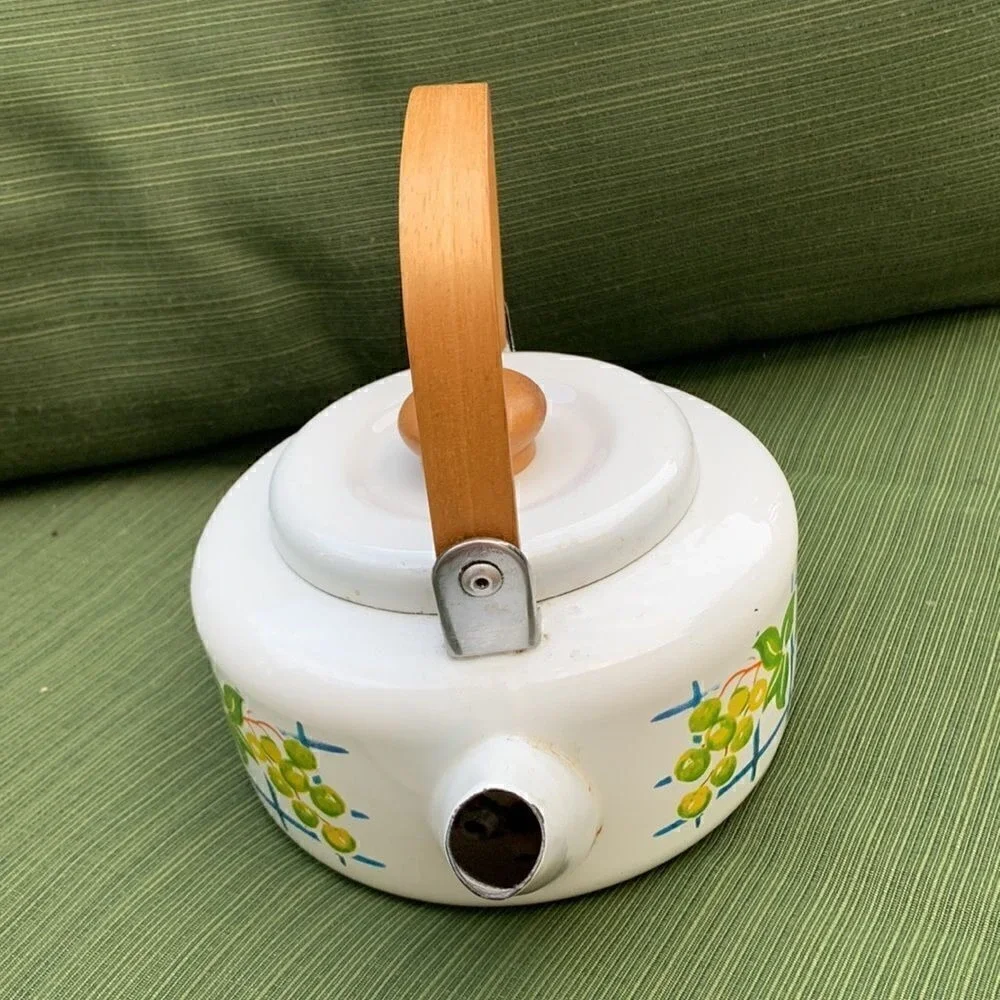 1950's Fruit Persimmon Vintage enamel‎ tea pot kettle floral cottagecore antique